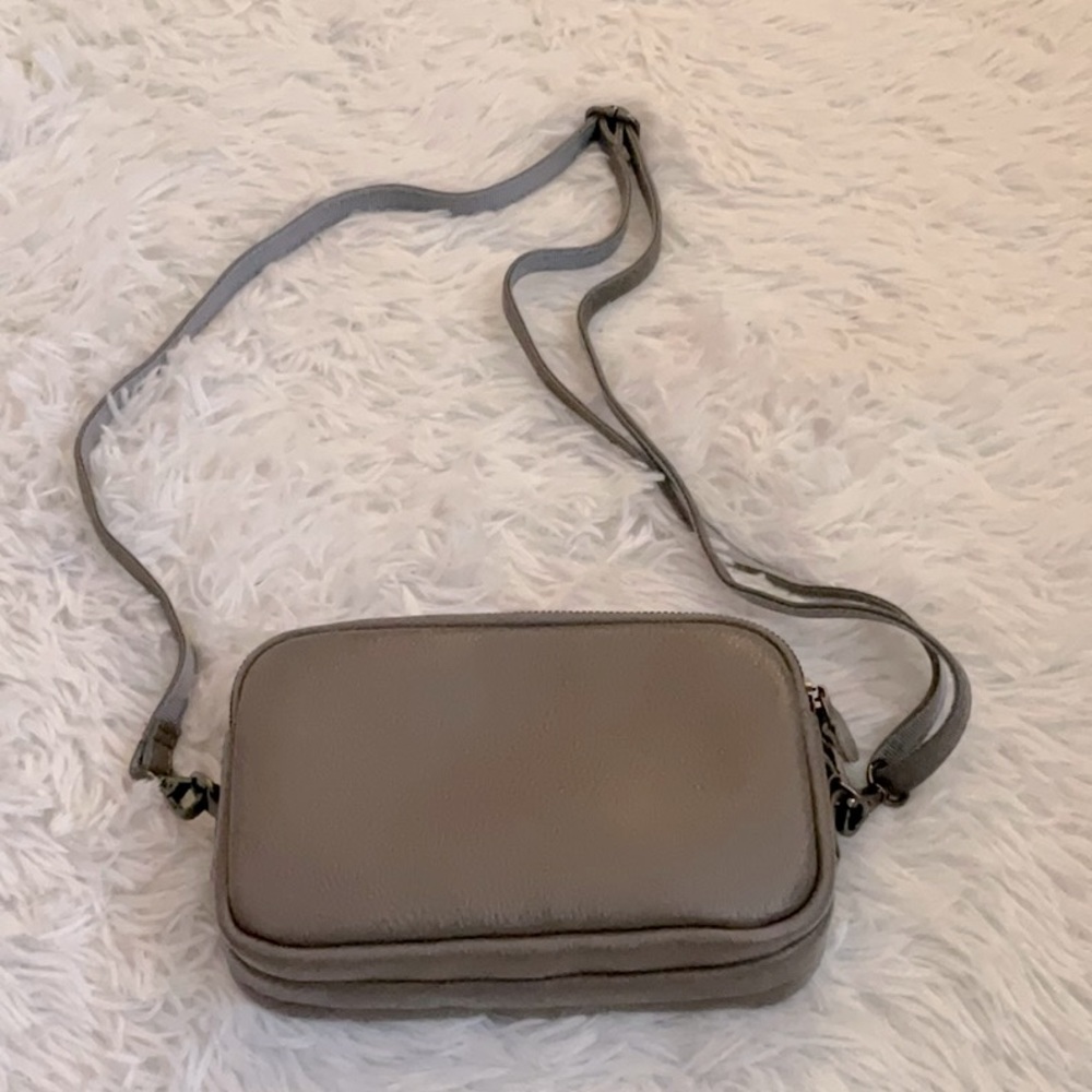 Gray triple compartment crossbody bag